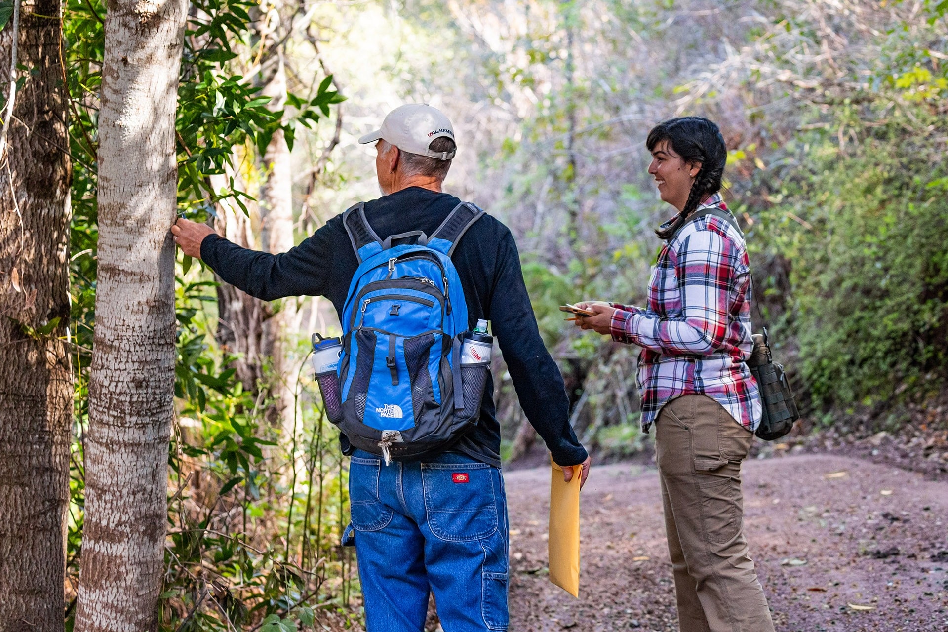 Two people on a hiking trail surveying a tree while holding the tree branch and a yellow manila folder.