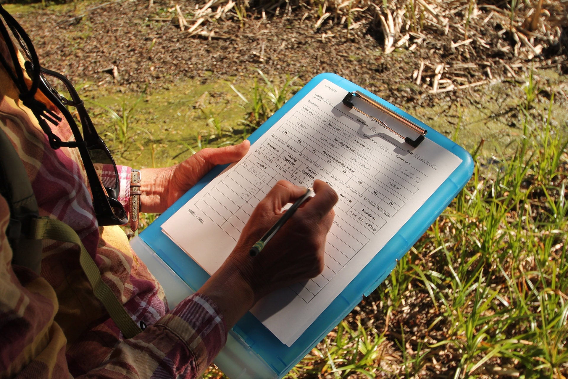 A person holding blue clipboard while writing on a sample collection paper while standing on grass and mud.